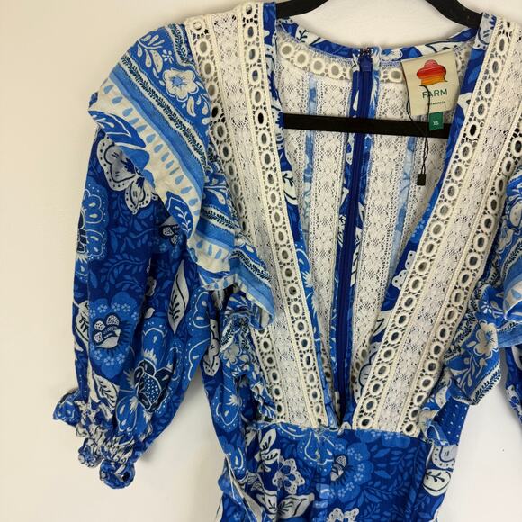 FARM Rio Womens Full of Flowers Linen Blend Half Sleeve Blue/White Jumpsuit XS - Picture 5 of 14